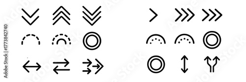 Unique collection of black directional icons and shapes on a white background showcasing various graphic design elements