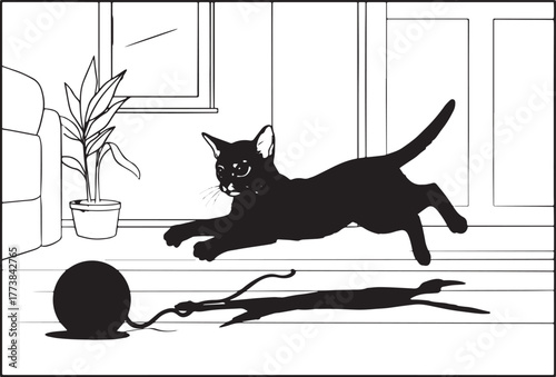 Enthusiastic Abyssinian Pursuing Red Yarn Ball in a Modern Inter