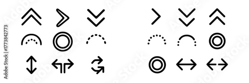 Various directional symbols and icons designed for navigation and guidance in various applications