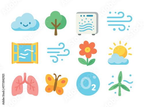 Vector Air quality and environment icons: nature, weather, and freshness