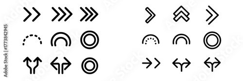 Collection of directional arrows and geometric shapes presenting various patterns and designs for graphic use