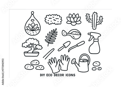 Vector Diy eco decor icons: tools, plants, and gardening essentials for home projects