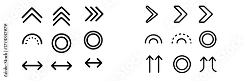 Varied arrow and circle symbols in simple black line design suitable for graphic use and modern art
