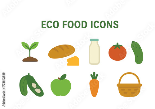 Vector Collection of eco food icons featuring vegetables, bread, dairy, and basket