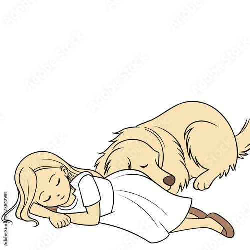A young girl with blonde hair sleeps peacefully next to her loyal golden retriever dog on a white background