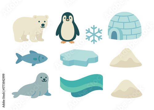 Vector Cartoon polar animals and arctic elements: bear, penguin, seal, igloo, snowflake