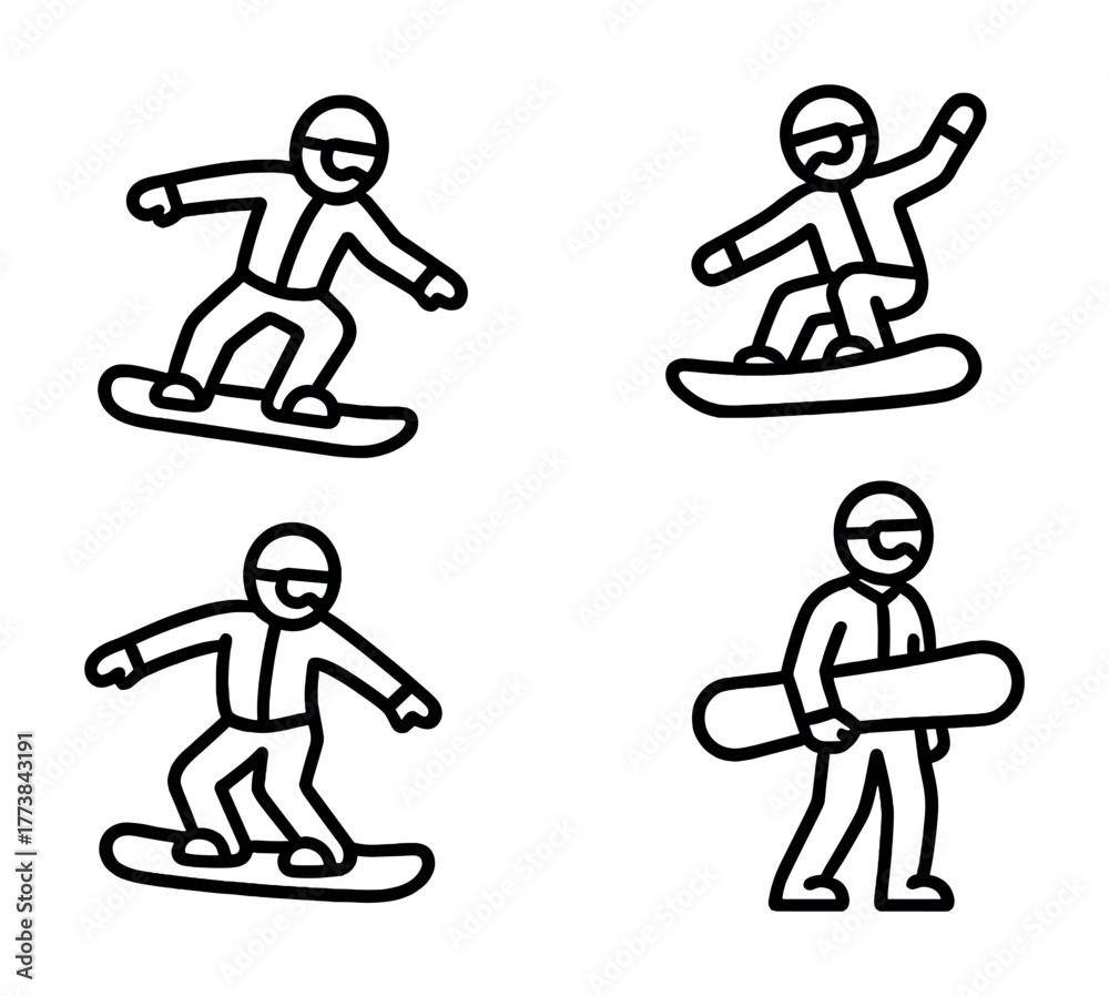 Obraz premium Vector Line art of snowboarding figures in various poses