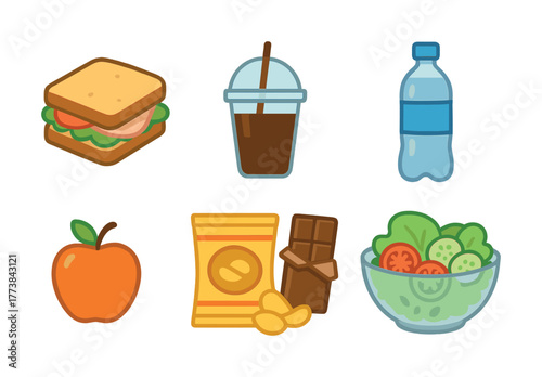 Vector Collection of lunch icons: sandwich, drink, water bottle, apple, snacks, salad