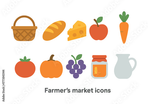 Vector Colorful farmer's market icons: basket, bread, cheese, apple, carrot, tomato, pumpkin, grapes, jam, milk