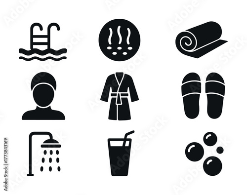 Vector Spa and wellness icons: pool, sauna, robe, shower, drink, bubbles