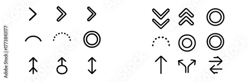 Various arrow and shape symbols on a plain background for design and direction purposes