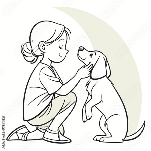 A young girl with her hair in a ponytail gently pets a happy dog standing on its hind legs