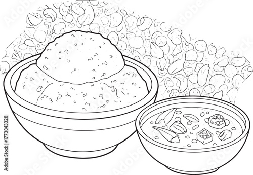 Line art illustration of ghanaian banku with soup and background