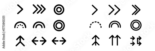 Directional symbols in black and white showcasing various arrow and circular shapes for design use