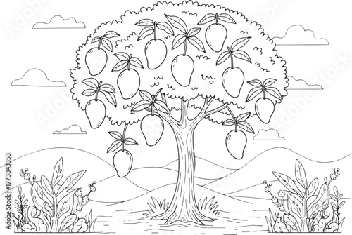 Hand Drawn Mango Tree with Tropical Scenery Coloring Page Illust