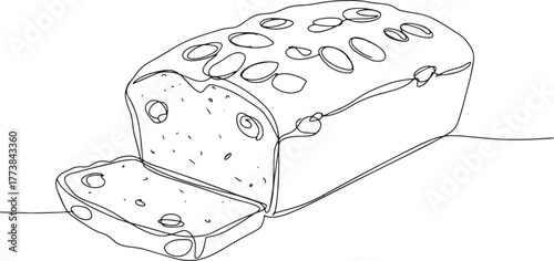 Minimalist Line Art Illustration of Cherry Almond Loaf with Slic