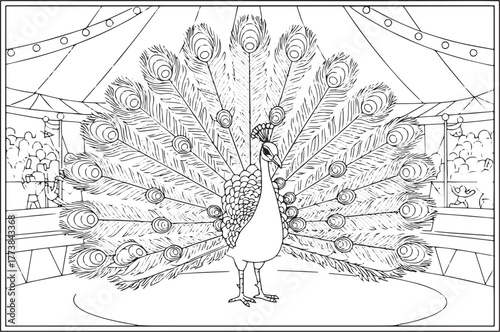 Detailed Coloring Page Outline Featuring a Peacock Displaying it