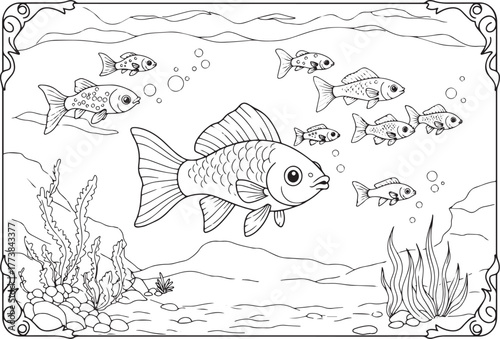Black and white line art illustration of fish swimming underwate