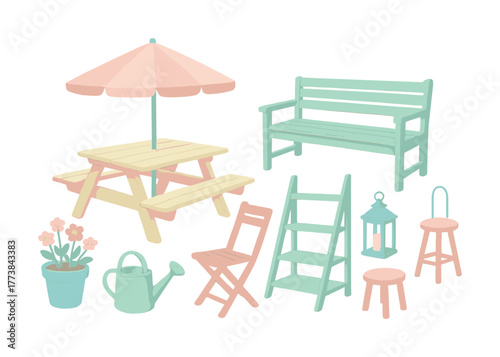 Vector Pastel garden furniture set with picnic table, umbrella, bench, ladder, and decor
