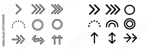 Collection of simple black geometric symbols and arrows arranged in a clean pattern for design use