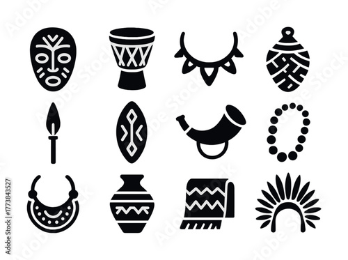 Vector African tribal symbols set featuring masks and musical instruments