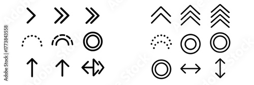 Graphic design elements with various directional arrows and circular shapes in black and white on a simple background