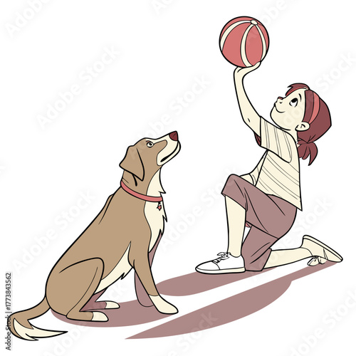 A happy child in casual clothes kneels on the ground playing with a ball and a loyal dog watches attentively