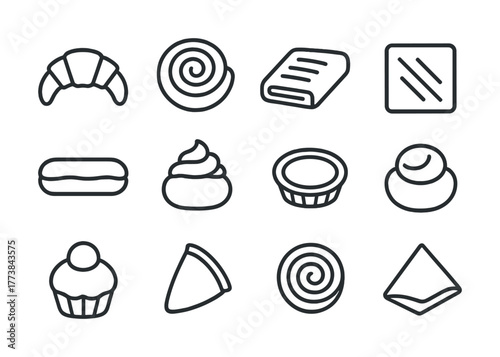 Vector Assorted pastry icons: croissants, eclairs, tarts, muffins, swirls, napkins
