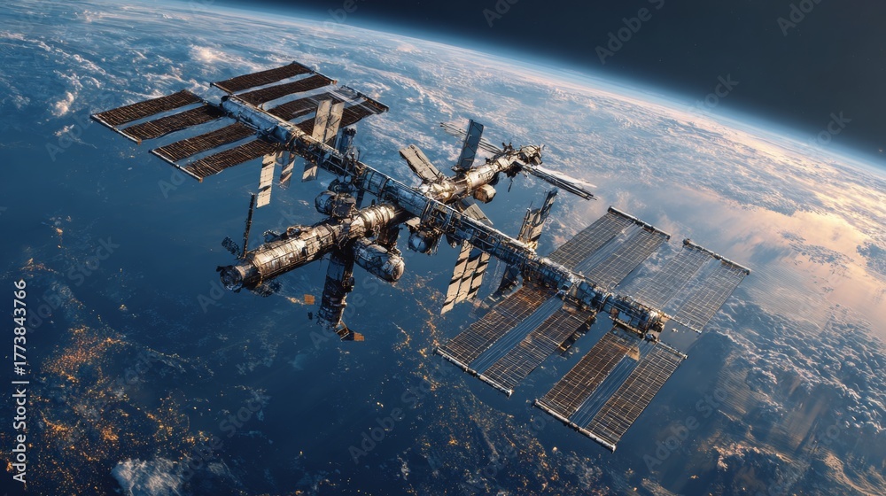 Fototapeta premium Spaceship drifts in earth's cosmic embrace at orbital heights. Feature story. Galactic odyssey: cargo vessel with radiant nebulas in earth's path. Genuine view. News style.