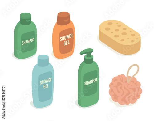Assorted shower essentials: shampoo, shower gel, sponge, loofah for bath routine