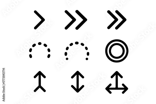Collection of simple directional icons in black on a white background showing various arrow styles and shapes for design use