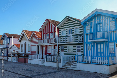 Typical and colorful houses in the Costa Nova area, Aveiro, Costa Nova houses, Portugal