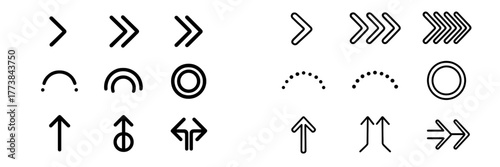 Collection of diverse directional symbols in black and white on a clean background for graphic design and signage