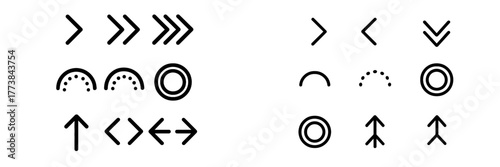 Various simple black vector icons displaying arrows, circles, and lines in different styles and orientations