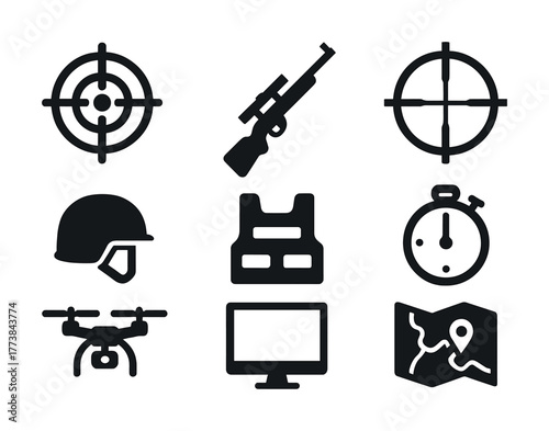 Vector Military and tactical icons set with helmet, rifle, and drone graphics