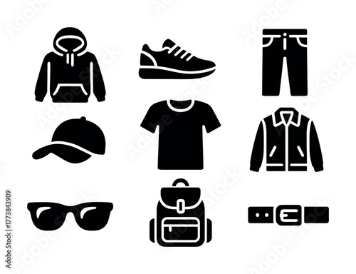 Vector Set of black silhouette icons of casual clothing and accessories