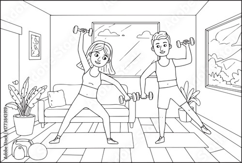 Couple exercising with dumbbells at home in a fitness and wellne