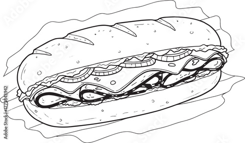 Detailed line drawing of a classic Philly cheesesteak with onion