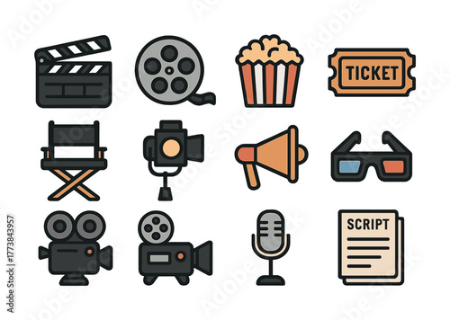 Cinema icons: clapperboard, film reel, popcorn, ticket, chair, camera, megaphone, glasses, microphone, script