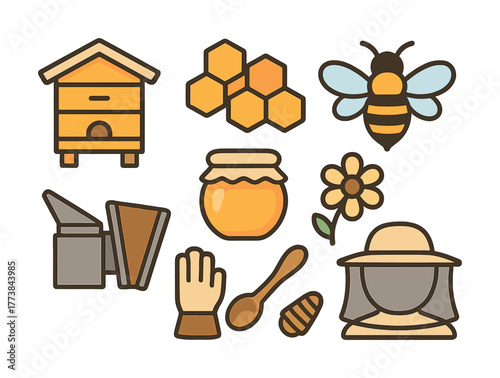 Vector Beekeeping symbols: hive, honeycomb, bee, honey jar, tools, flower, beekeeper hat