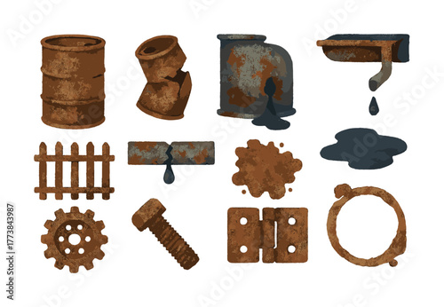 Collection of rusty industrial objects and textures