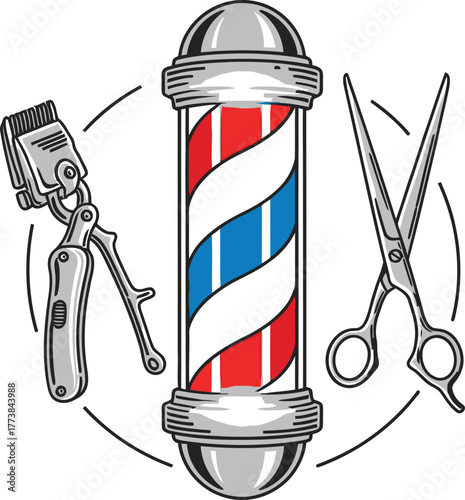 Barber shop pole icon with red blue and white stripes in vector illustration