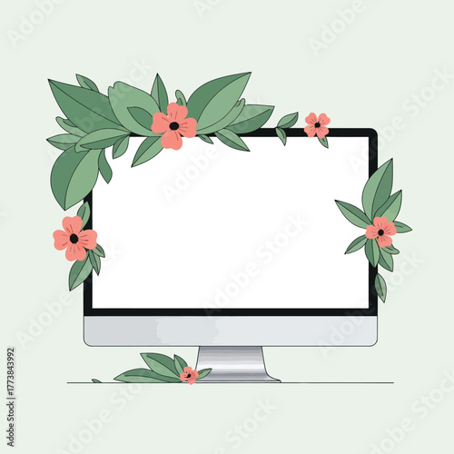 Modern computer screen mockup decorated with delicate pink flowers and lush green leaves, perfect for showcasing your branding or nature-inspired designs online