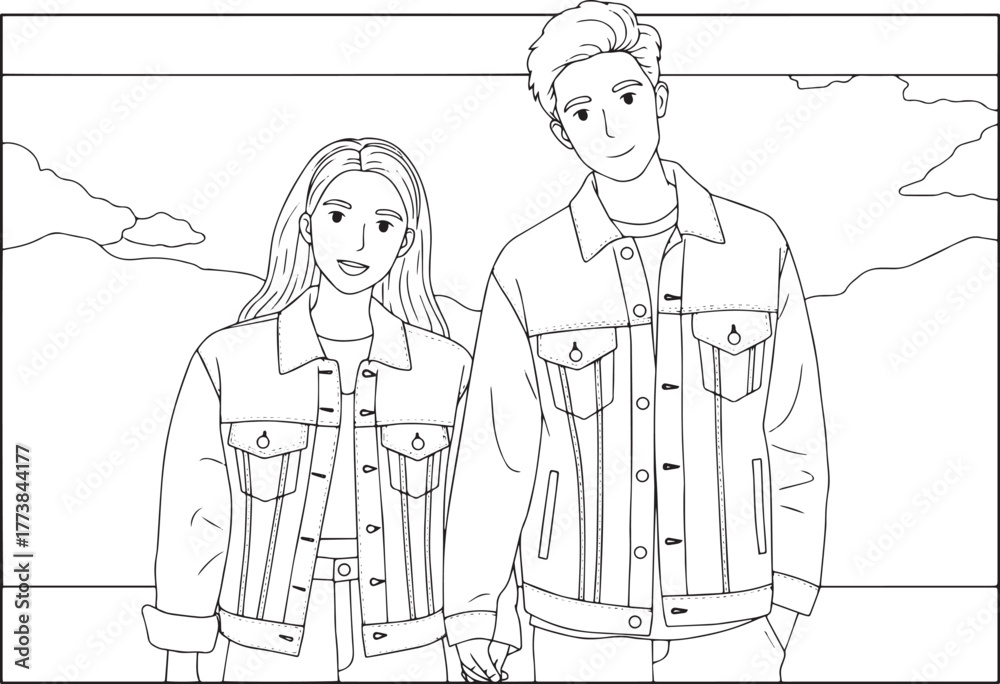 Fototapeta premium Charming outlined couple in matching denim jackets holding hands