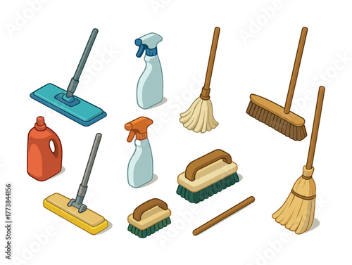 Collection of various cleaning tools and supplies for household maintenance