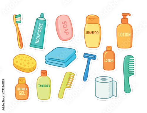Colorful bathroom essentials: toothbrush, shampoo, lotion, comb, razor, towel