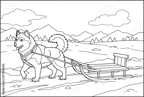 A coloring page of a husky pulling a sled in a snowy landscape i
