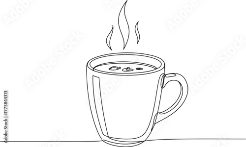 Elegant Line Art Illustration of a Steaming Hot Beverage in a Mu