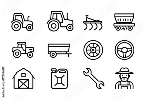 Farming equipment icons: tractor, plow, seeder, barn, tools, farmer