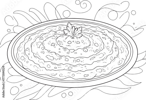 Hand-drawn baba ghanoush illustration featuring middle eastern c